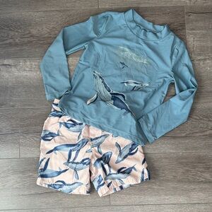 Carter's Blue and Pale Salmon Pink Whale Swim Trunk and Rashguard Set